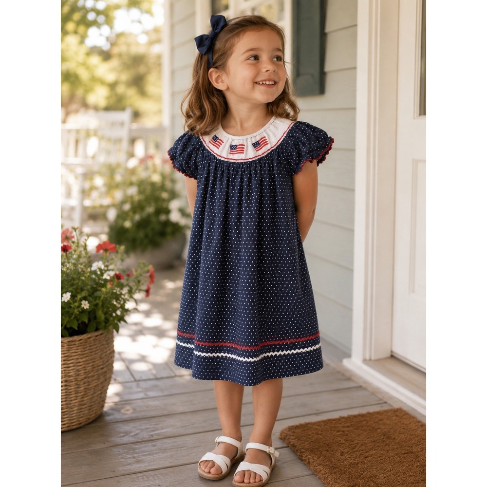 Lil Cactus Girls Smocked Dress American Flag 5Y Patriotic 4th‎ of July Navy Star